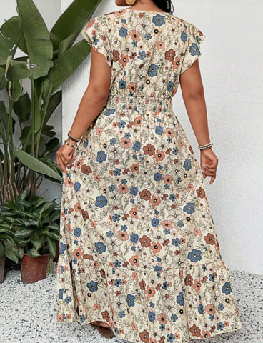 Plus Size Women V-Neck Allover Print Simple Long Casual Dress Bohemian Summer