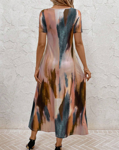 HAOIIF Women's Elegant Abstract Gradient Print Long Knitted Pocket Dress Plus Size