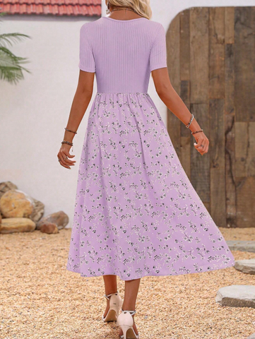 Women Holiday Solid Color Round Neck Short Sleeve Purple Dress Plus Size