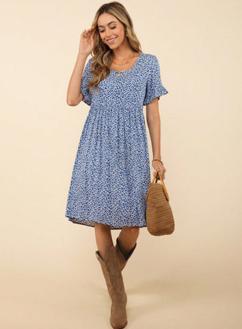 Womens Blue Floral Print Flounce Sleeve Dress Plus Size