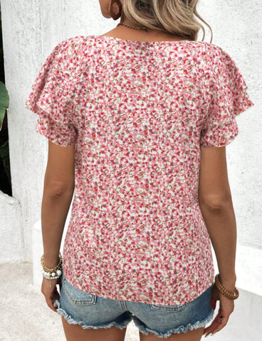 Women's Vacation Ditsy Floral Double Layer Ruffle Cap Sleeve Blouse Plus Size