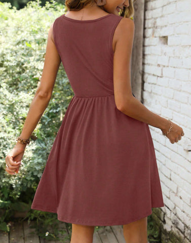 Womens V-Neck Buttoned Solid-Color Sleeveless Summer Dress
