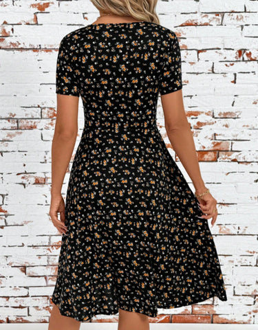 Women's Fashion Elegant V-Neck Ditsy Floral Pattern Buttoned Sun Dress Mid-Length Plus Size