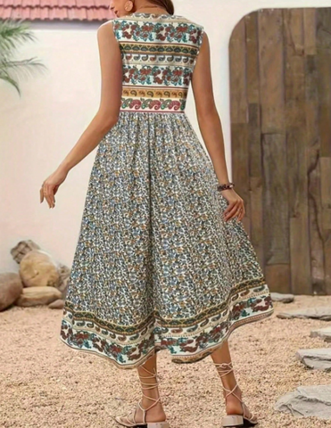 Bohemian Paisley Floral Patchwork Sleeveless Crew Neck Maxi Dress, Vacation Style