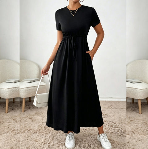Women Black Drawstring Waist Side Pocket Midi Dress