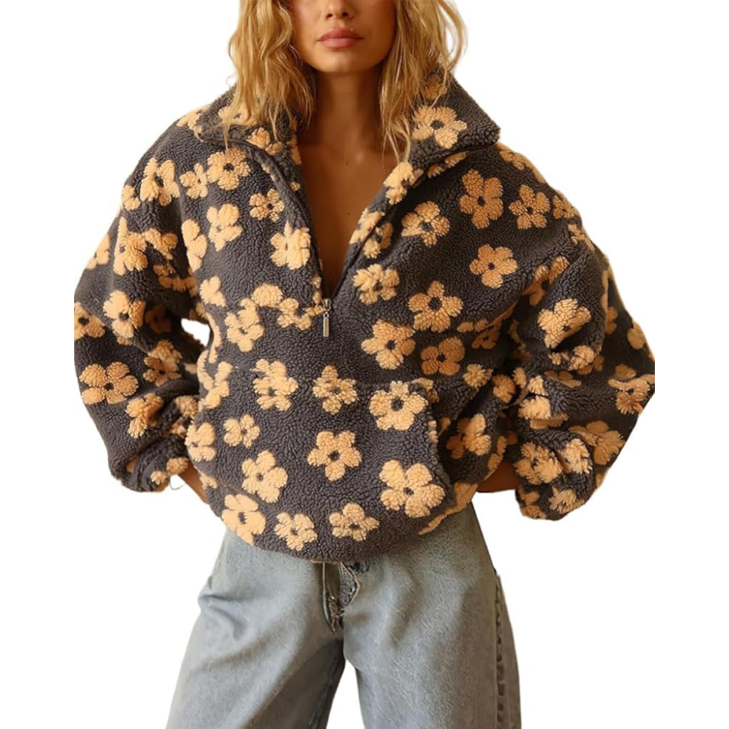 Women's Y2k Floral Half-Zip Sherpa Fleece Pullover (Long Sleeve, Pocket)