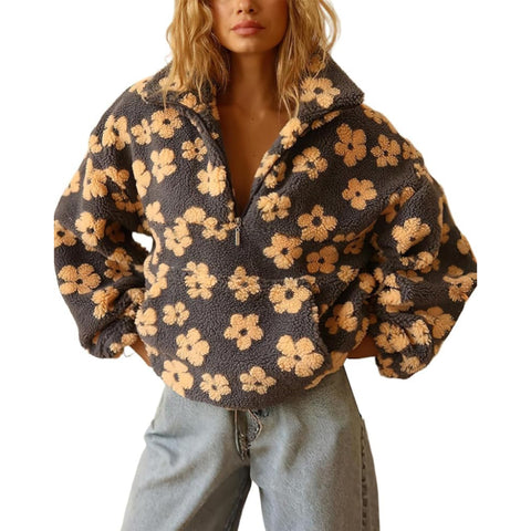 Women's Y2k Floral Half-Zip Sherpa Fleece Pullover (Long Sleeve, Pocket)