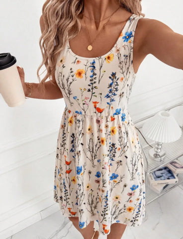 Women's New Elegant U-Neck Cinched Waist Floral Print Vacation Dress