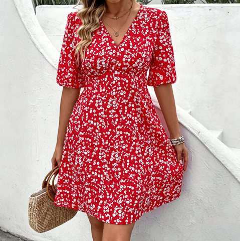 Red Floral V-Neck Floral Print Dress