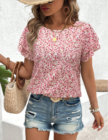 Women's Vacation Ditsy Floral Double Layer Ruffle Cap Sleeve Blouse Plus Size