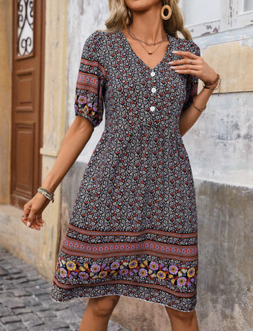 Women Short Puff Sleeve Dress With Floral Print, Button Decoration