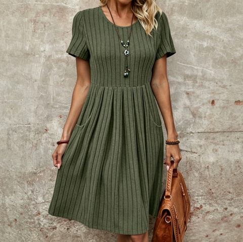 Women's Round-Neck Short-Sleeve Military Green Mid-Length Dress