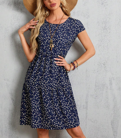 HAOIIF Women's Summer Blue Short-Sleeve Floral Midi Dress Plus Size