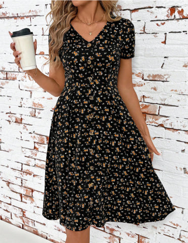 Women's Fashion Elegant V-Neck Ditsy Floral Pattern Buttoned Sun Dress Mid-Length Plus Size