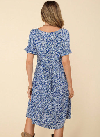 Womens Blue Floral Print Flounce Sleeve Dress Plus Size