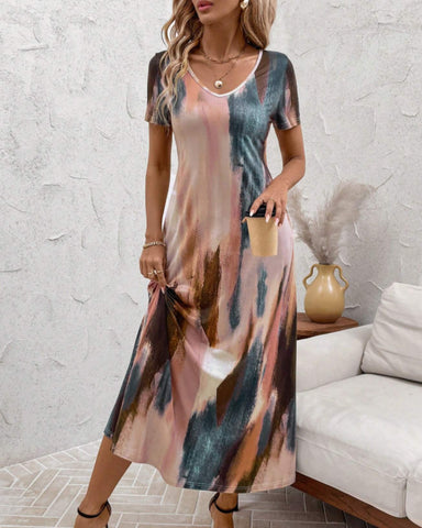 HAOIIF Women's Elegant Abstract Gradient Print Long Knitted Pocket Dress Plus Size