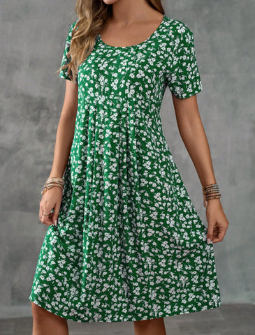 Women's Round Neck Short Sleeve All-Over Floral Print Casual Short Dress