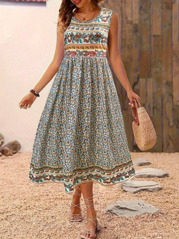 Bohemian Paisley Floral Patchwork Sleeveless Crew Neck Maxi Dress, Vacation Style