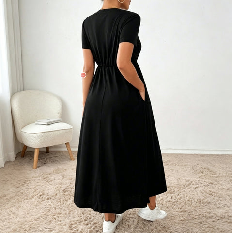 Women Black Drawstring Waist Side Pocket Midi Dress