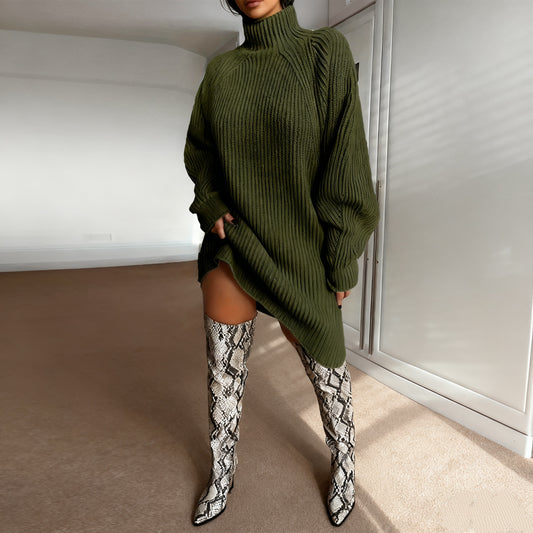 Plus Size Women's High Neck Casual 100% Acrylic Stretchy Solid Color Sweater