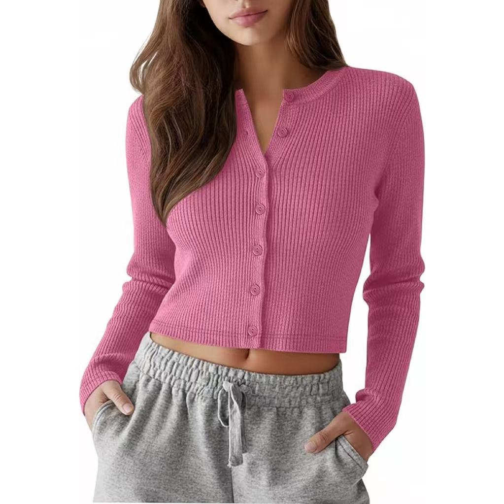 Women's Cropped Cardigans, Cotton Knit Long Sleeve Tops