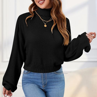 Women's Crew Neck Long Sleeve Pullover Crop Sweater Mock Neck Lantern Sleeve Ribbed Knit Cropped Sweater