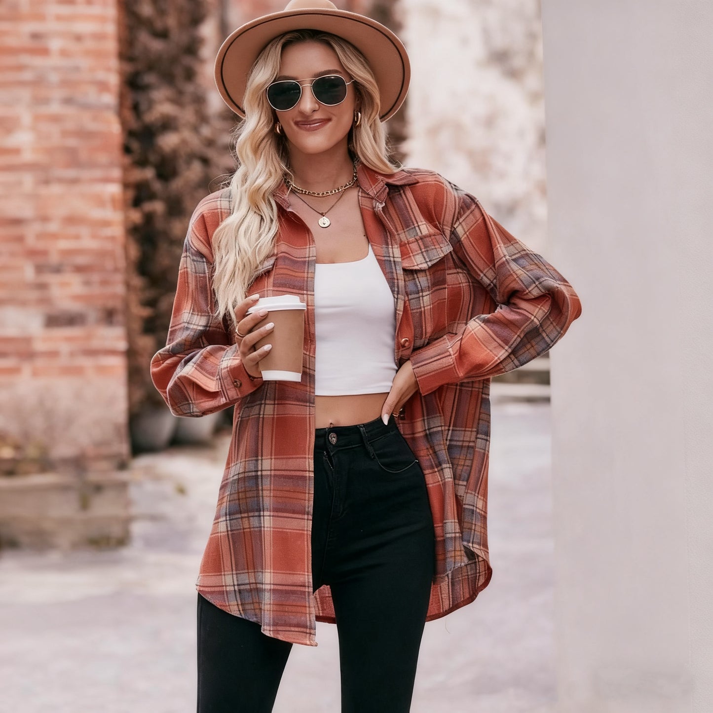 Women'S Plaid Button-Up Shirt  - V-Neck Long Sleeve Casual Loose Fit Tops