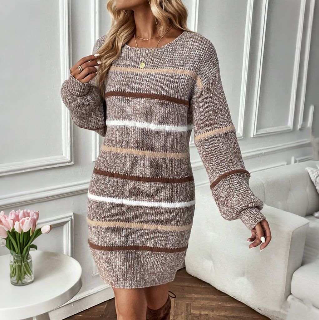 Striped Pattern Drop Shoulder Sweater Dress Fall Winter Cloth For Women
