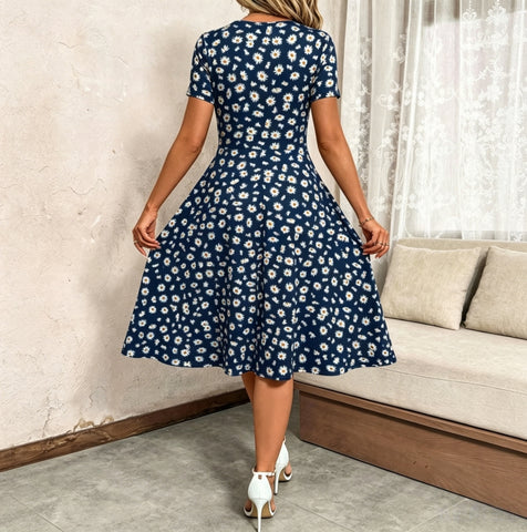 Women's New Elegant V-Neck Cinched Waist Floral Print A-Line Knit Dress
