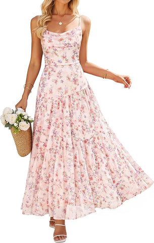 Women's Summer Floral Sleeveless Maxi Dress 2026 Boho Mesh Spaghetti Strap Flowy Beach Wedding Guest Long Dresses