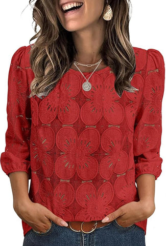 Blouses Dressy Casual 3/4 Length Sleeve Tops Eyelet Lace Spring Summer Shirts Beach Vacation Clothes