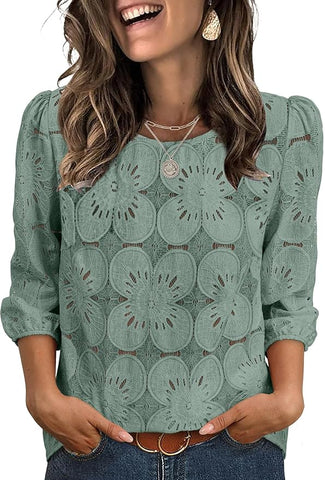 Blouses Dressy Casual 3/4 Length Sleeve Tops Eyelet Lace Spring Summer Shirts Beach Vacation Clothes
