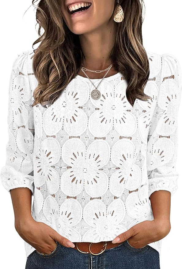 Blouses Dressy Casual 3/4 Length Sleeve Tops Eyelet Lace Spring Summer Shirts Beach Vacation Clothes