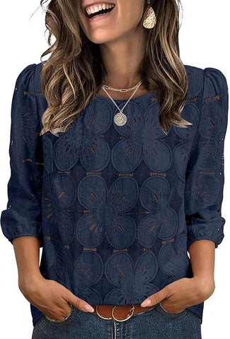 Blouses Dressy Casual 3/4 Length Sleeve Tops Eyelet Lace Spring Summer Shirts Beach Vacation Clothes