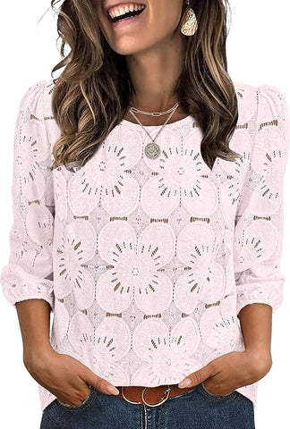 Blouses Dressy Casual 3/4 Length Sleeve Tops Eyelet Lace Spring Summer Shirts Beach Vacation Clothes