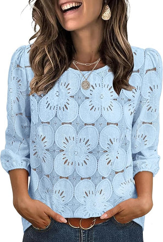 Blouses Dressy Casual 3/4 Length Sleeve Tops Eyelet Lace Spring Summer Shirts Beach Vacation Clothes