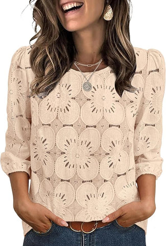 Blouses Dressy Casual 3/4 Length Sleeve Tops Eyelet Lace Spring Summer Shirts Beach Vacation Clothes