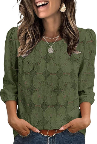 Blouses Dressy Casual 3/4 Length Sleeve Tops Eyelet Lace Spring Summer Shirts Beach Vacation Clothes