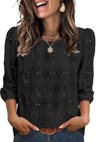 Blouses Dressy Casual 3/4 Length Sleeve Tops Eyelet Lace Spring Summer Shirts Beach Vacation Clothes