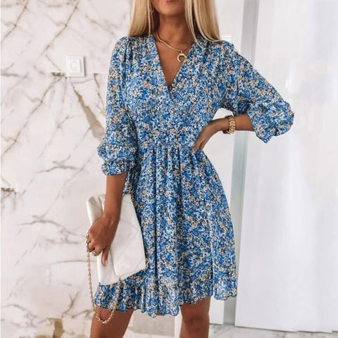 2026 New Arrival: Mid-Length Bohemian Floral Print Dress — Short Sleeve, Pullover Style with Cinched Waist