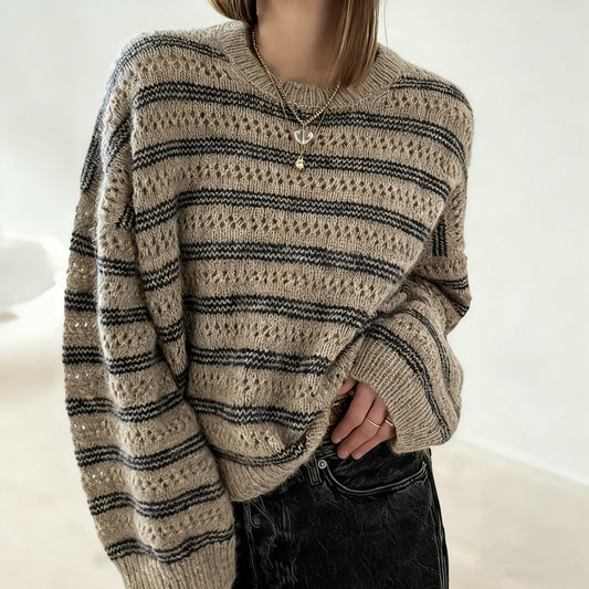 Women'S Casual Striped Top with Lace Detail Loose Fit Long Sleeve Sweater