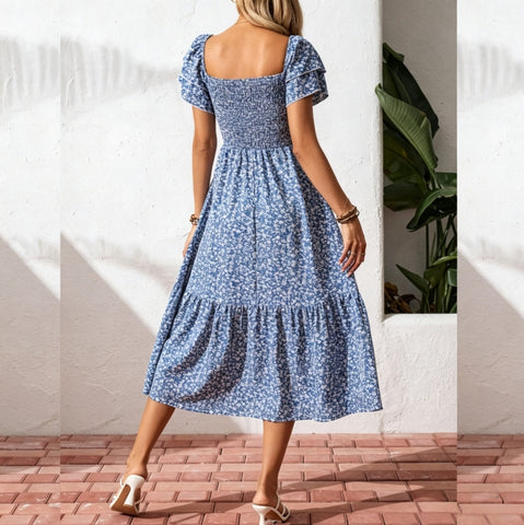 Summer Floral Shirred Ruffle Hem Dress Maxi Vacation Beach Outfits Women