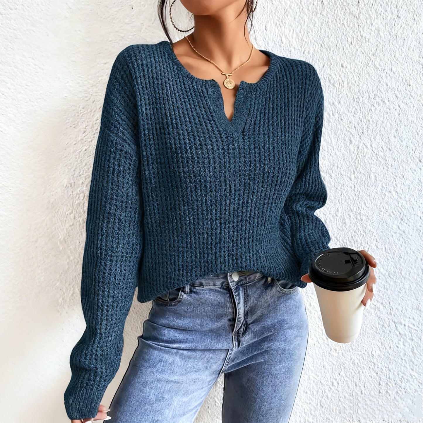 Women'S V-Neck Elegant Office Sweater Soft Loose Fit Pullover