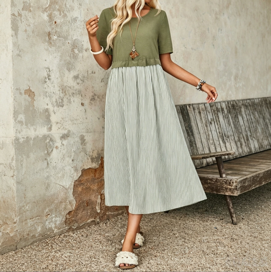 Women's Summer Stripe Round Neck Short Sleeve Casual Mid-Calf Dress