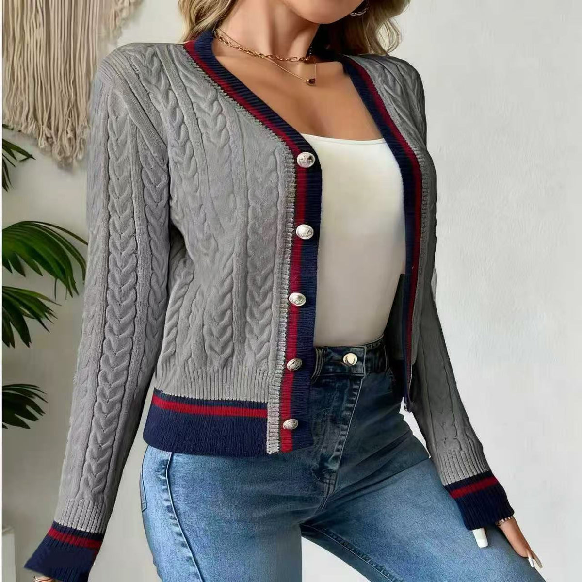 Women's Elegant Casual Knitted Cardigan Button Contrast Color Design