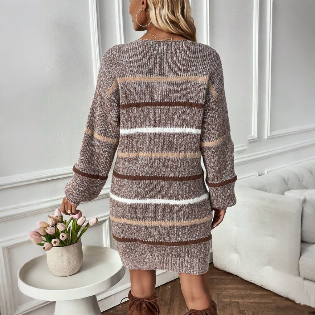 Striped Pattern Drop Shoulder Sweater Dress Fall Winter Cloth For Women