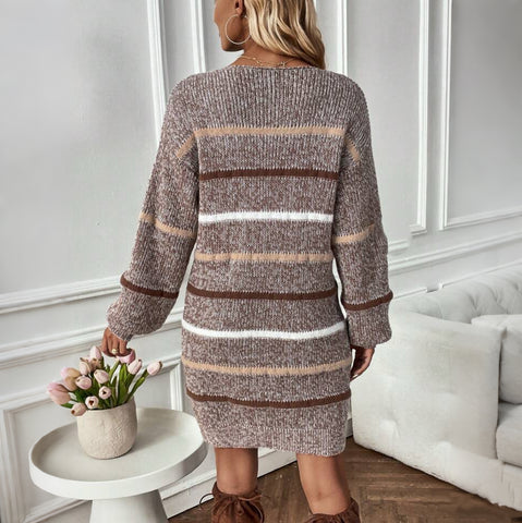 Striped Pattern Drop Shoulder Sweater Dress Fall Winter Cloth For Women