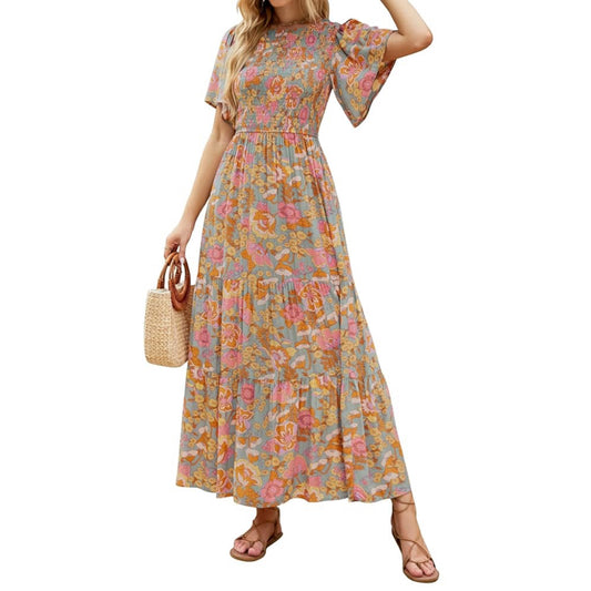Women's 2025 Summer Casual Floral Print Short Flutter Sleeve Crew Neck Smocked High Waist Flowy Maxi Dress