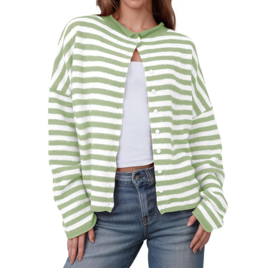 Womens Striped Cardigan Casual Long Sleeve Open Front Button Sweaters