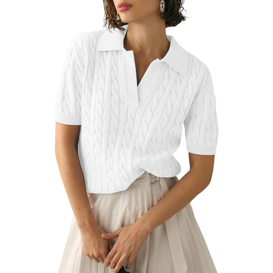 Women's Cable Short Sleeve Sweaters Tops Solid Lapel V Neck Knit Casual Soft Pullover Shirt